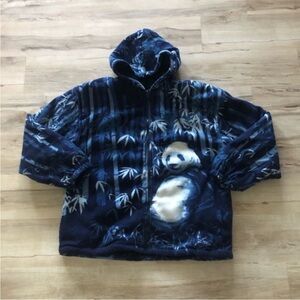 Women's Panda Print Full Zip Sherpa Lined Hooded Sweater - Navy